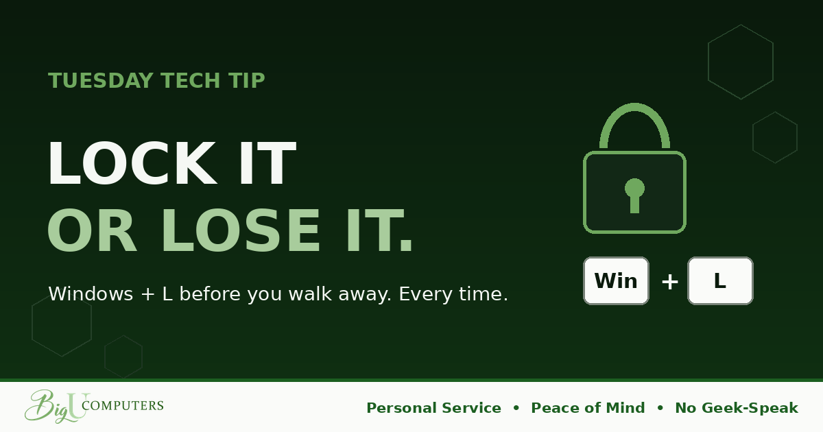 Tech tip graphic showing Windows plus L locks your screen