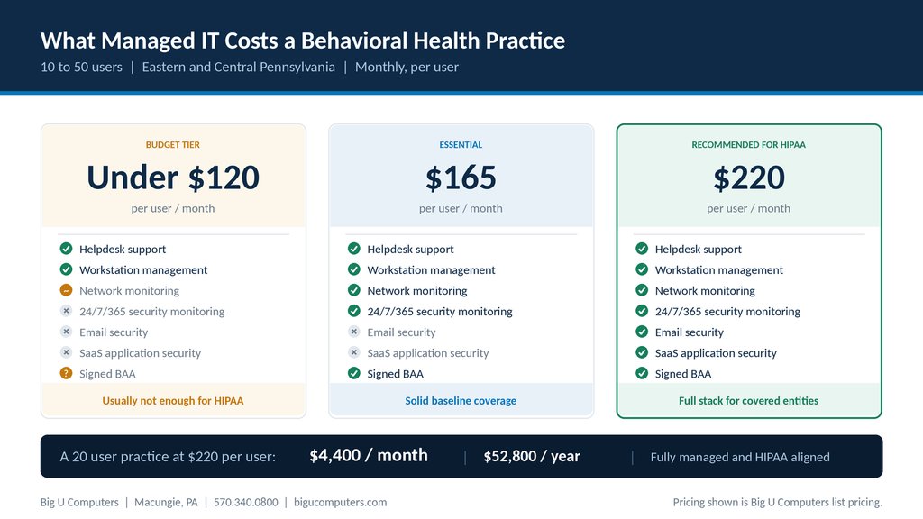 Comparison of managed IT pricing tiers for a behavioral health practice showing what is included at under $120, $165, and $220 per user per month