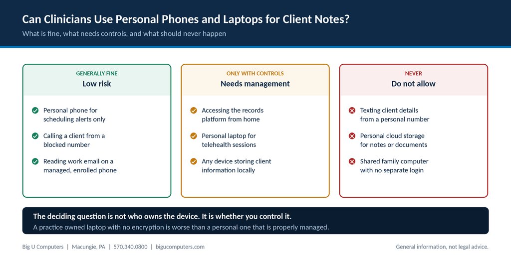 Three categories of clinician personal device use showing what is generally fine, what requires management controls, and what should never be allowed