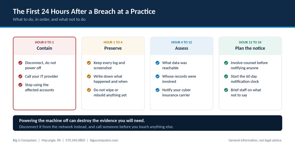 Hour by hour plan for the first day after a suspected breach at a practice, covering containment, evidence preservation, assessment, and notification planning